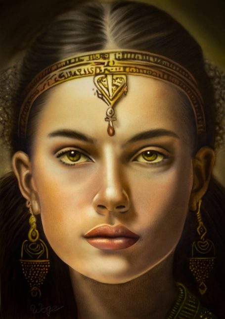 Porträt einer jungen Frau mit goldenem Kopfschmuck und intensiven Augen.