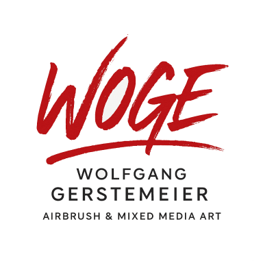 Logo von Wolfgang Gerstemeier, Airbrush- und Mixed Media Art, in roter Schrift.