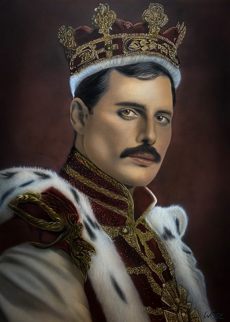 Porträt eines Monarchen mit Krone, königlichem Gewand und markantem Schnurrbart.