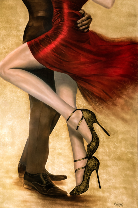 Tanzendes Paar in eleganter Kleidung mit roten und schwarzen Akzenten, hohe Schuhe sichtbar.