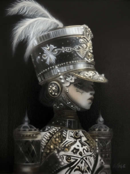 Eine stilisierte Figur in prächtigem, glänzendem Outfit mit Federn und kunstvollen Verzierungen.